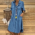 thumbnail image 3 of Plus Size Polo Collar Denim Dress, Solid Color Button Dress for Dating, Party & Commute, 3 of 4