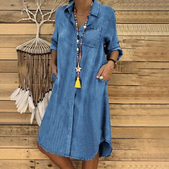 Plus Size Polo Collar Denim Dress, Solid Color Button Dress for Dating, Party & Commute