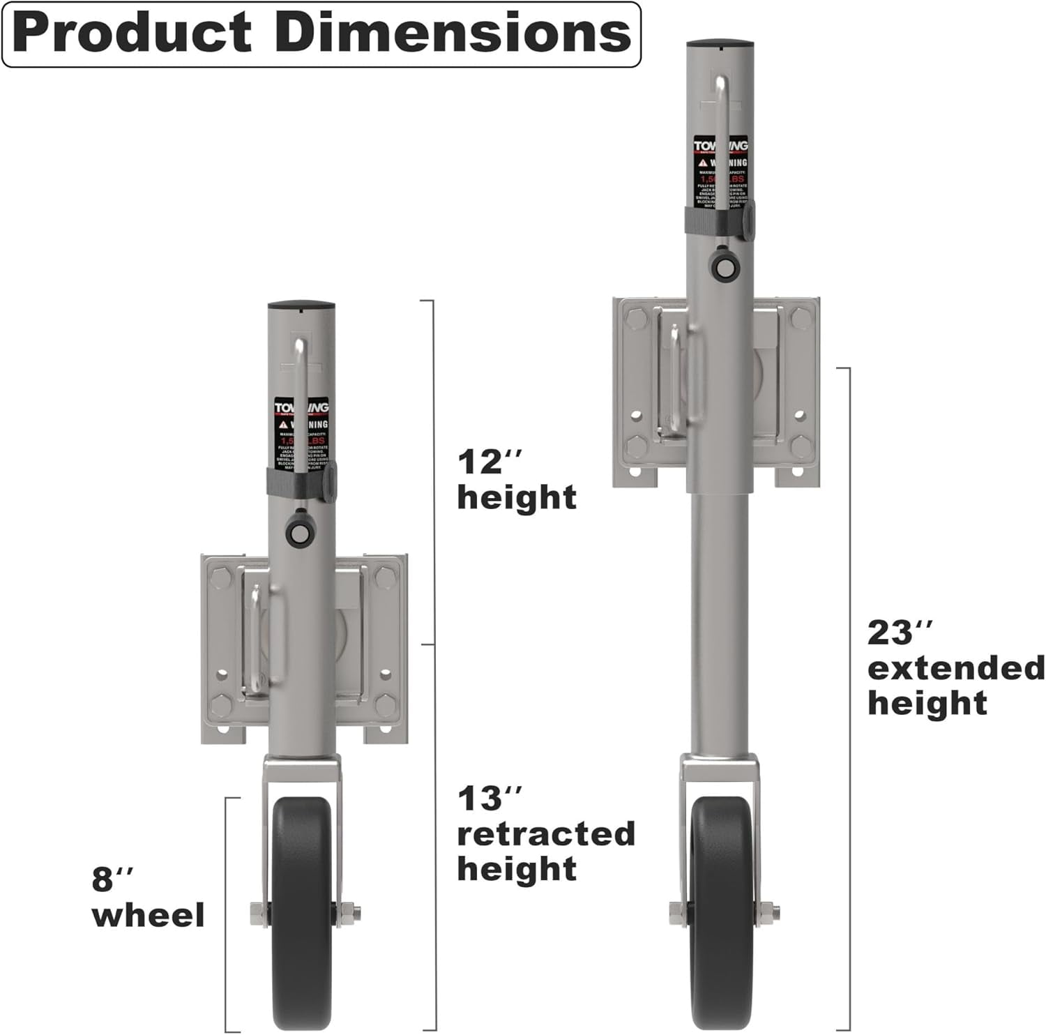 TOWKING 8" Spoke Wheel Trailer Jack, 10" Vertical Movement, 1500 lbs, for RV, Boat, Trailer and More, Silver