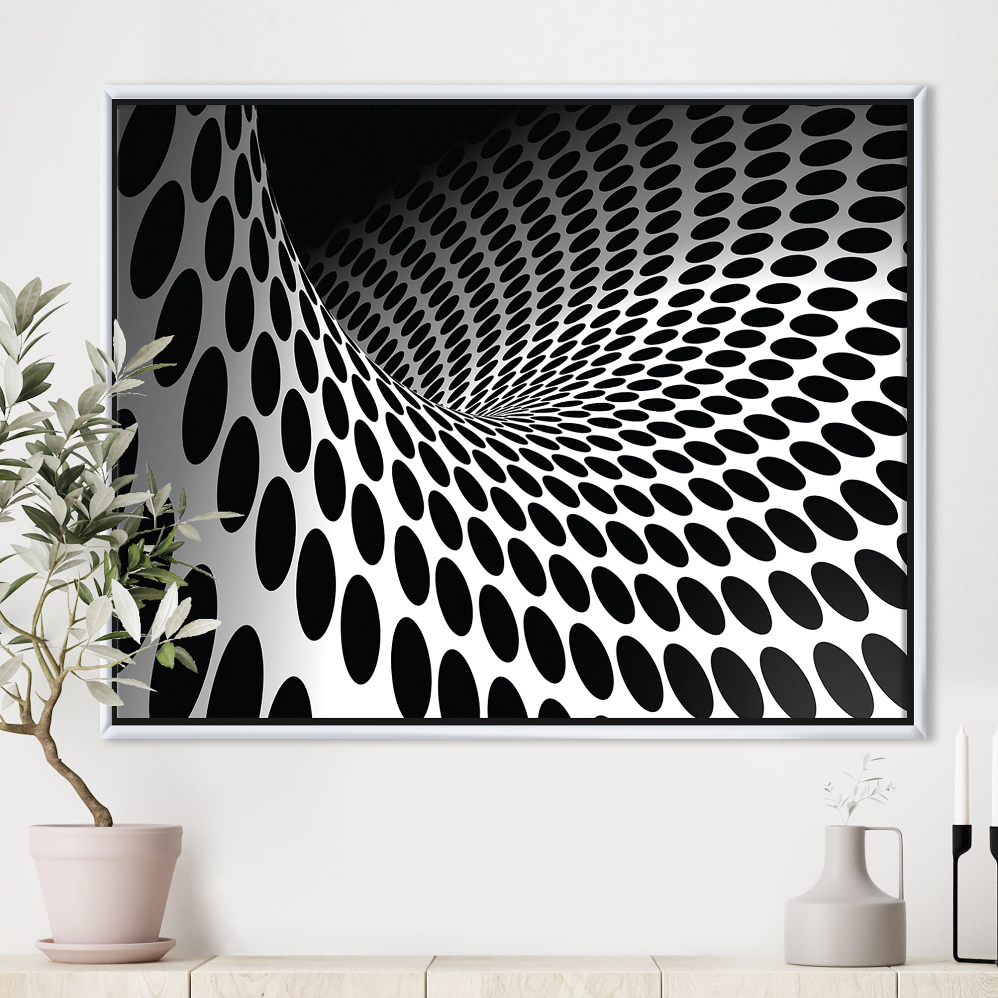 Designart ' Waves and Circles Black n’ White ' Abstract Framed Canvas Art Print