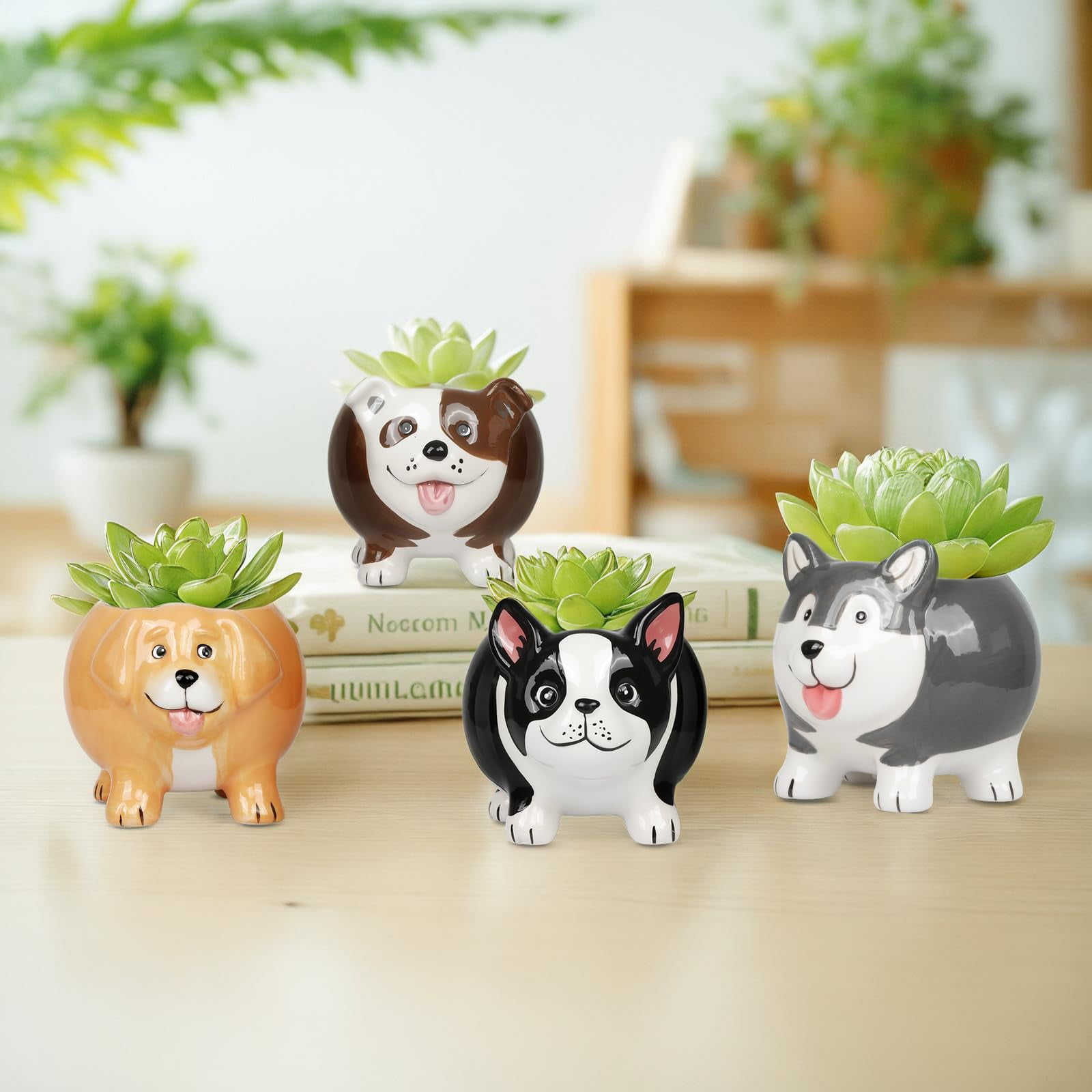 BUYMAX 4-Pack 4 inch Ceramic Dog Planters, Mini Succulent Pots Gift for Dog Lovers