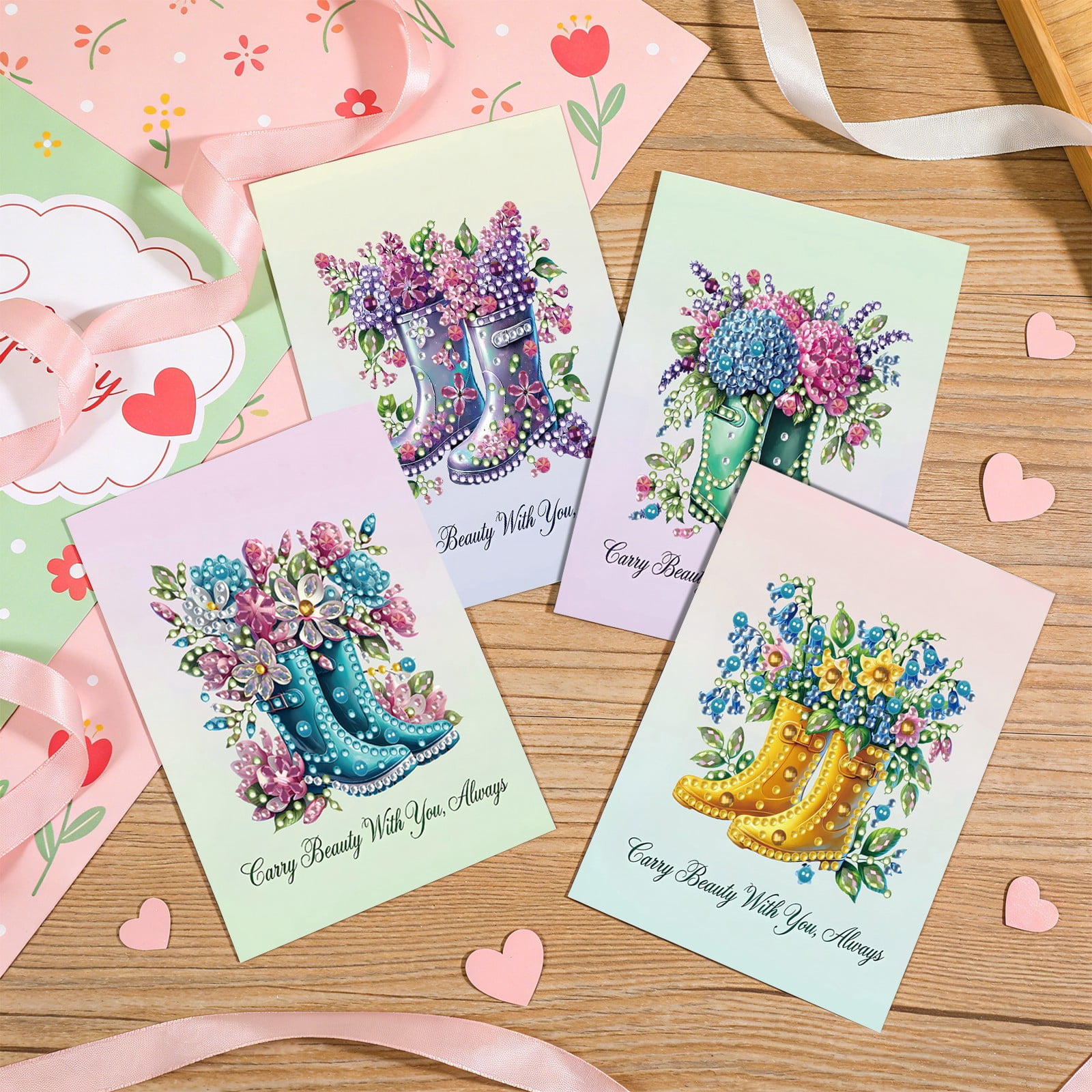 FLOPESN 6Pcs DIY Diamond Art Greeting Cards Set, Spring Flower 3D Folding Thank You Card For Birthday Holiday Blessing Gift(included envelopes)