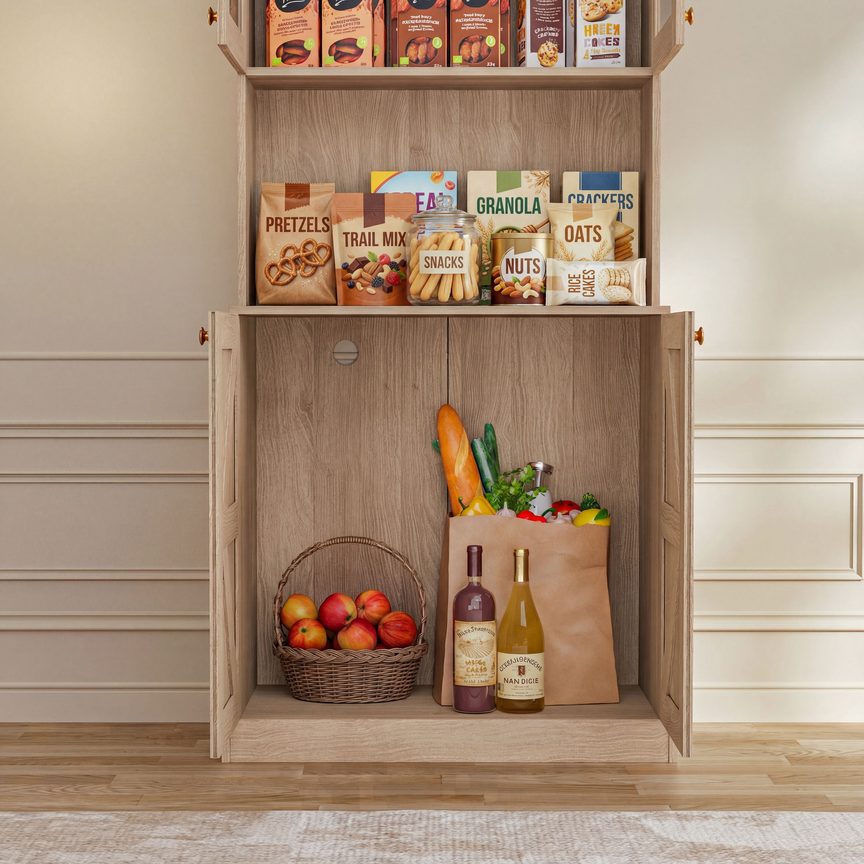 Farmhouse Pantry Cabinet 3-Piece Set, Brown, Glass Doors, Freestanding Microwave Stand, Storage Cabinet