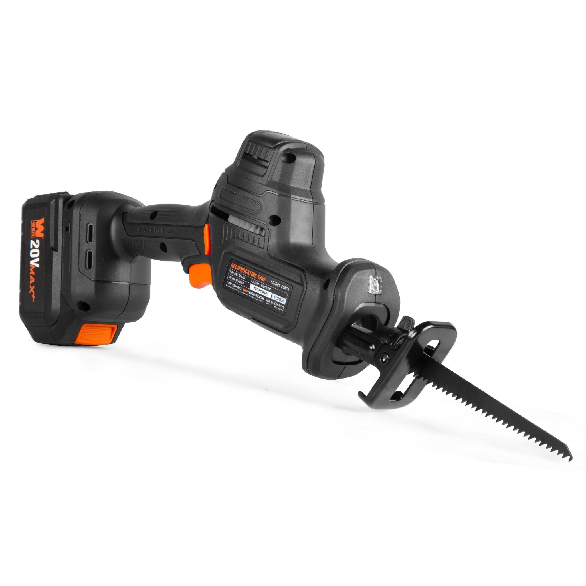 WEN 20631 20V Max Cordless Reciprocating Saw, Brushless Compact One-Handed Design with 4.0 Ah Lithium-Ion Battery and Charger