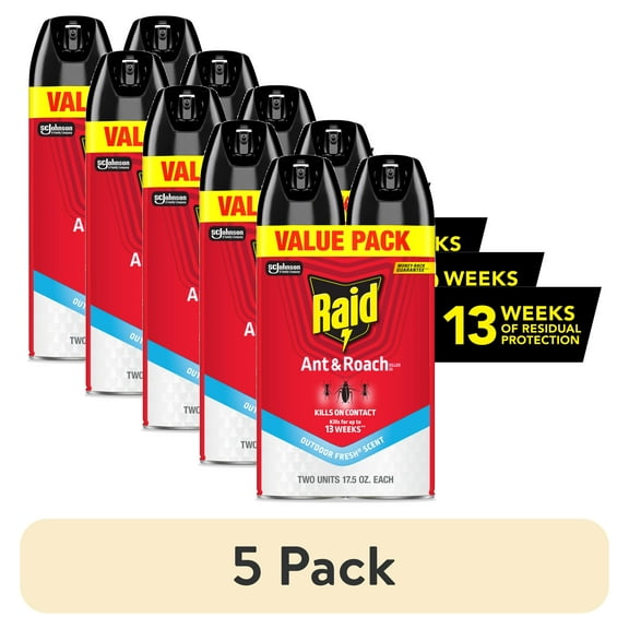 (5 pack) Raid Ant & Roach Killer, Indoor Insecticide, Residual Killing Power, Outdoor Fresh Scent, 17.5 oz, Pack of 2