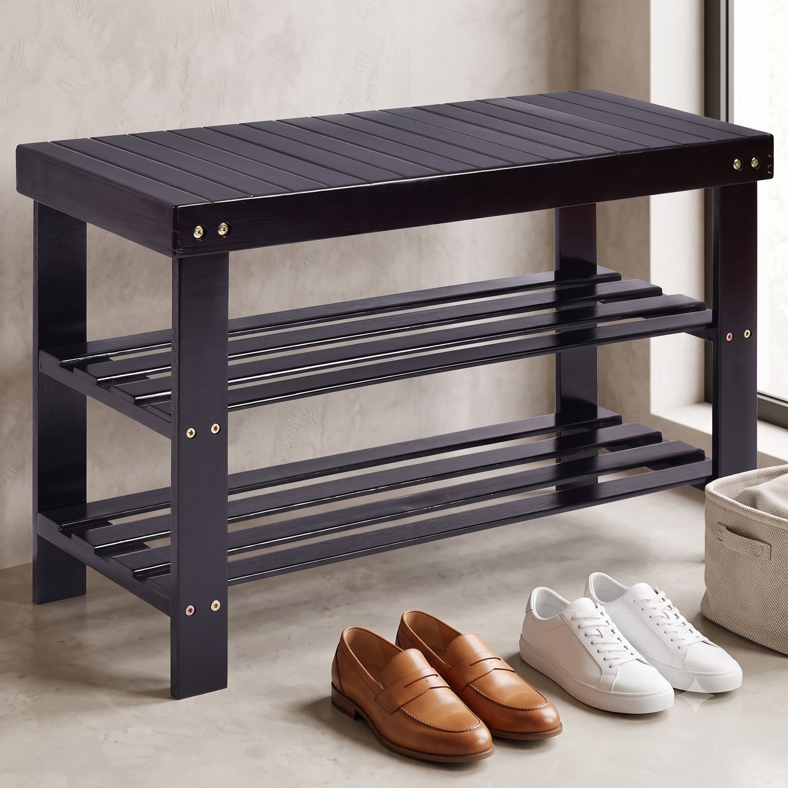 Furnibear 3-Tier Bamboo Shoe Bench with Bench Seat and 2 Slatted Storage Shelves for Entryway Bedroom and Bathroom, Black