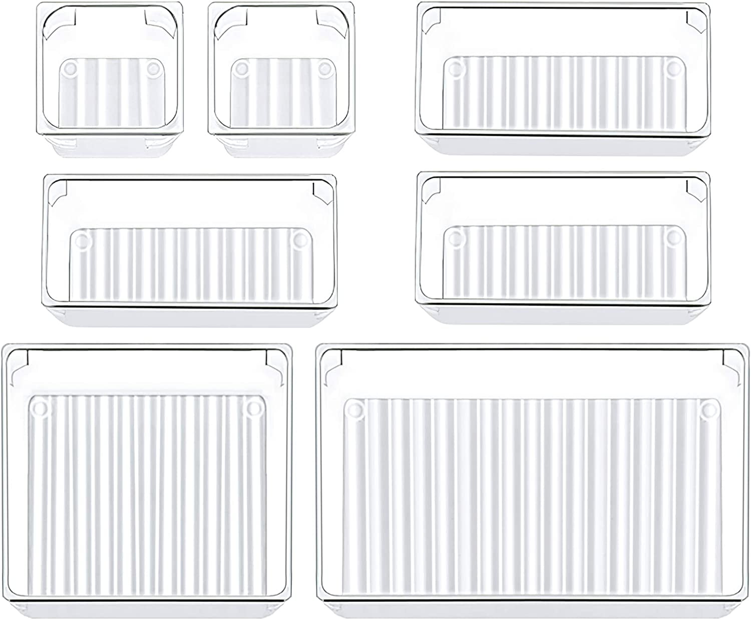 LeaderPro 7 Pcs Drawer Organizers 4 Different Sizes Plastic Clear Makeup Organizer Desk Bathroom Trays