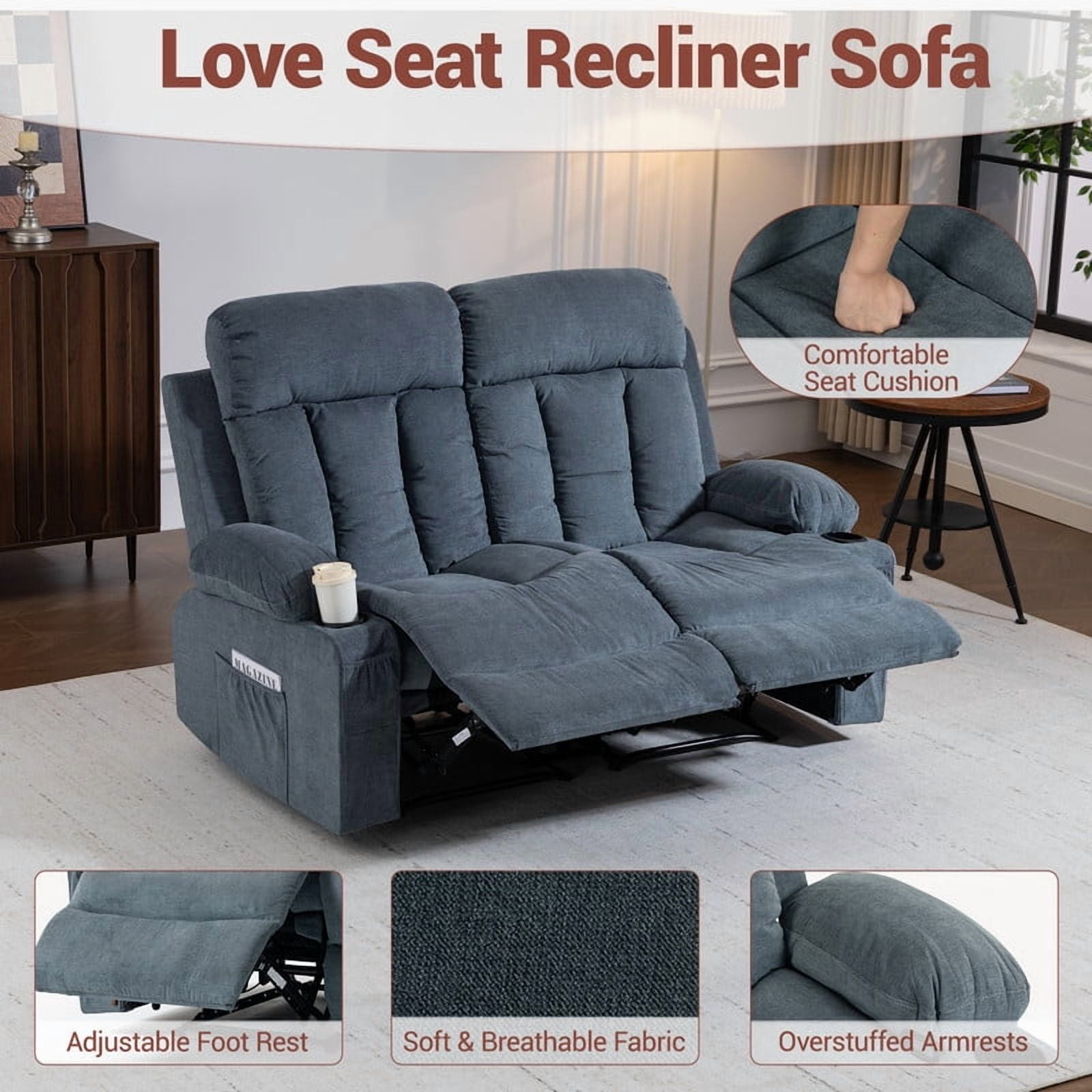 WENTUM Loveseat Recliner Sofa with Cup Holders, 2 Seat Manual Recliner Chair, reclining loveseat couch for Living Room, Home Theater, Small Spaces, Blue