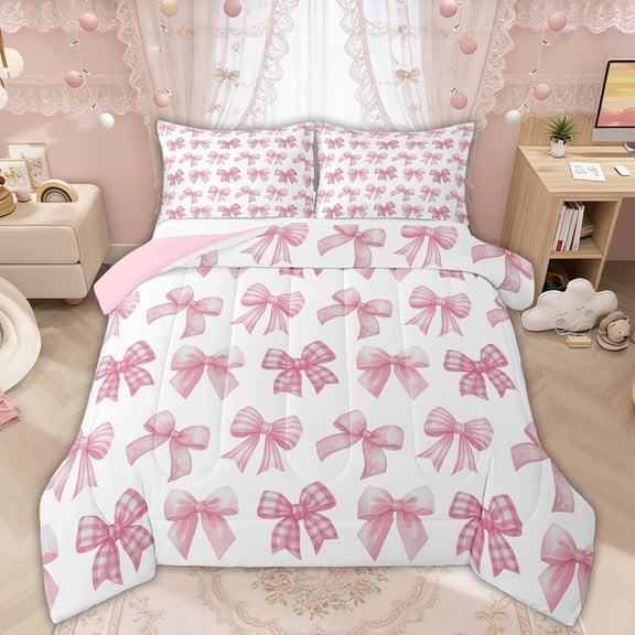 Manfei Pink Gingham Bow Print Full Size Comforter Sets for Girls, Cute Ribbon Bows Bedding Sets, Pink Reversible, 3 Pieces