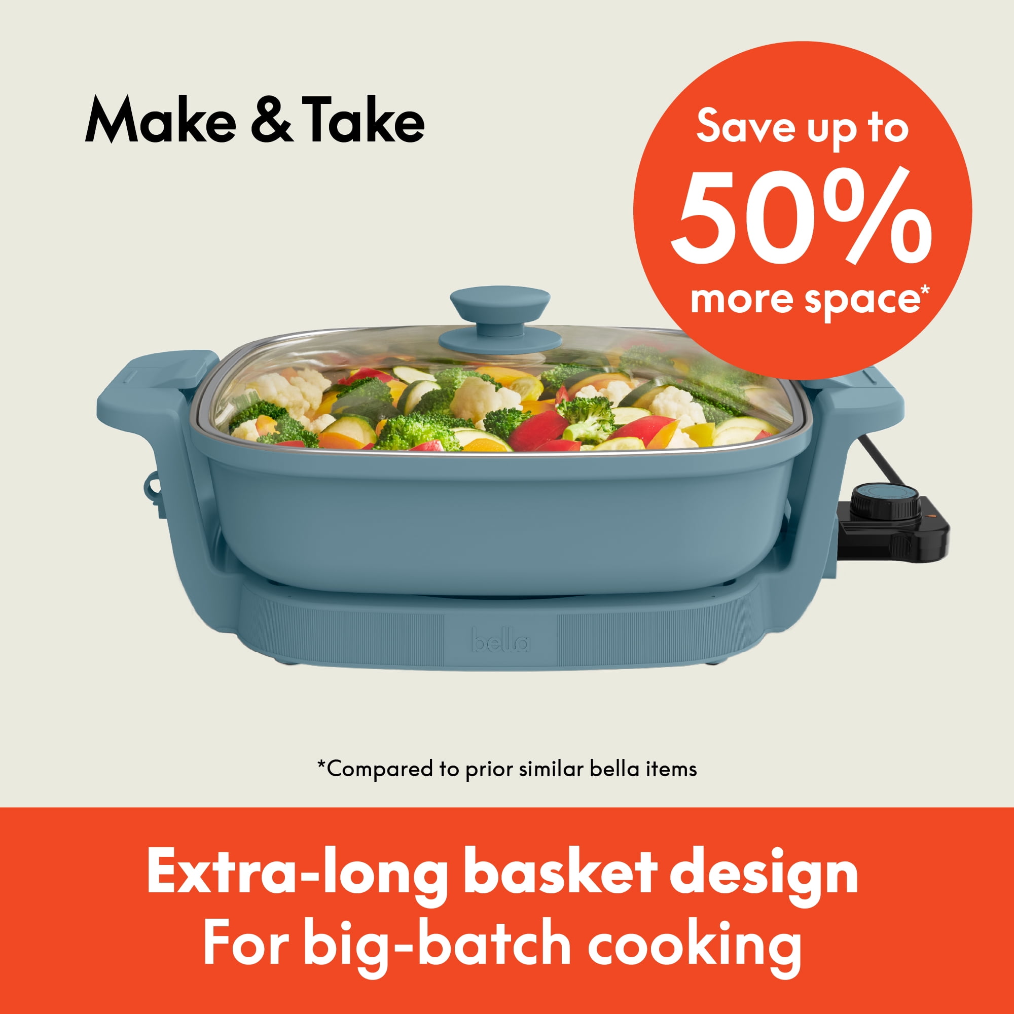bella 12" Make & Take Electric Skillet with EverGood™ Ceramic Nonstick Coating, Adjustable Temperature, Dishwasher-Safe Glass Lid, Surf
