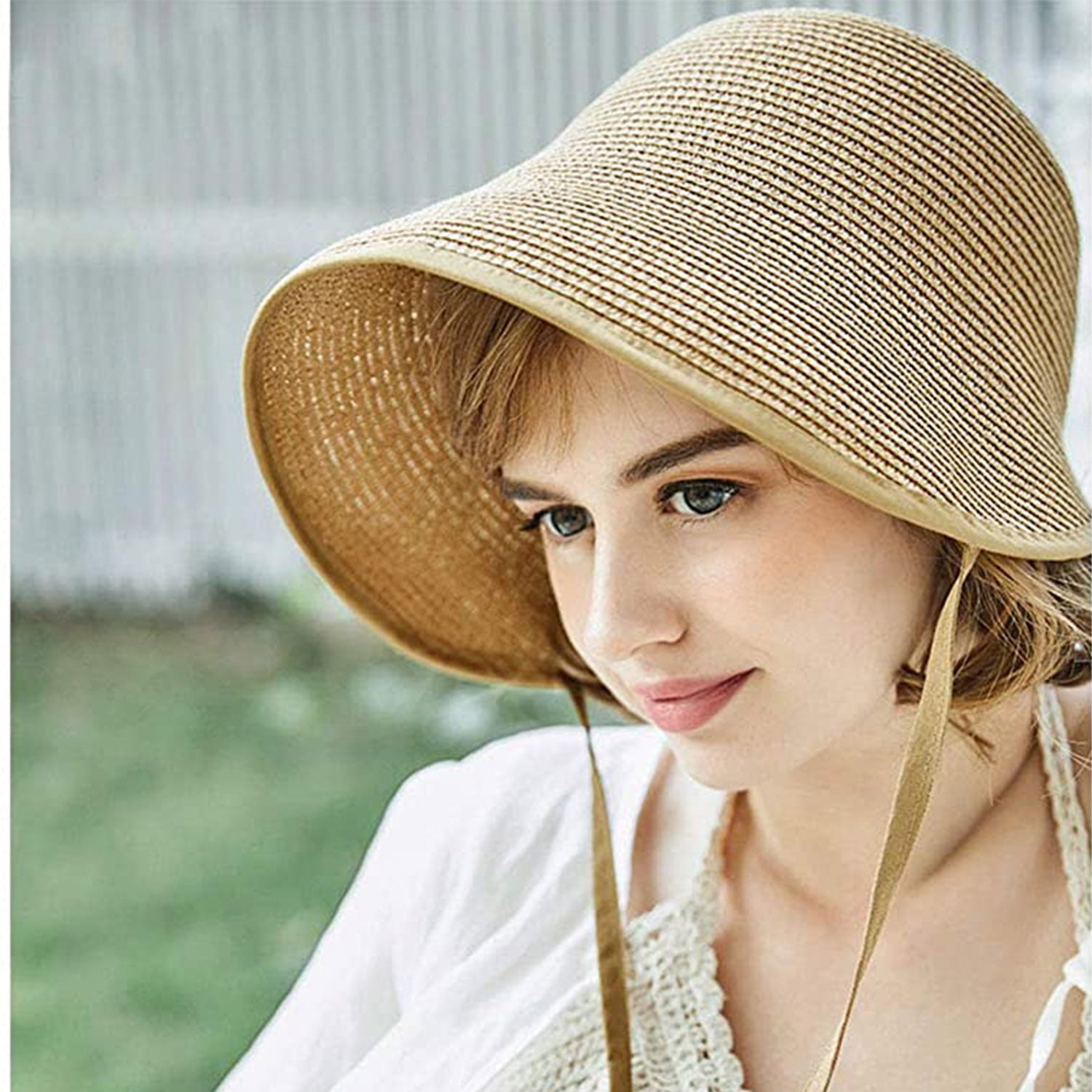 French Straw Bonnet Cap for Women Victorian Sun Hat Chin Strap Foldable Ladies Vacation Summer Beach Bucket Hats