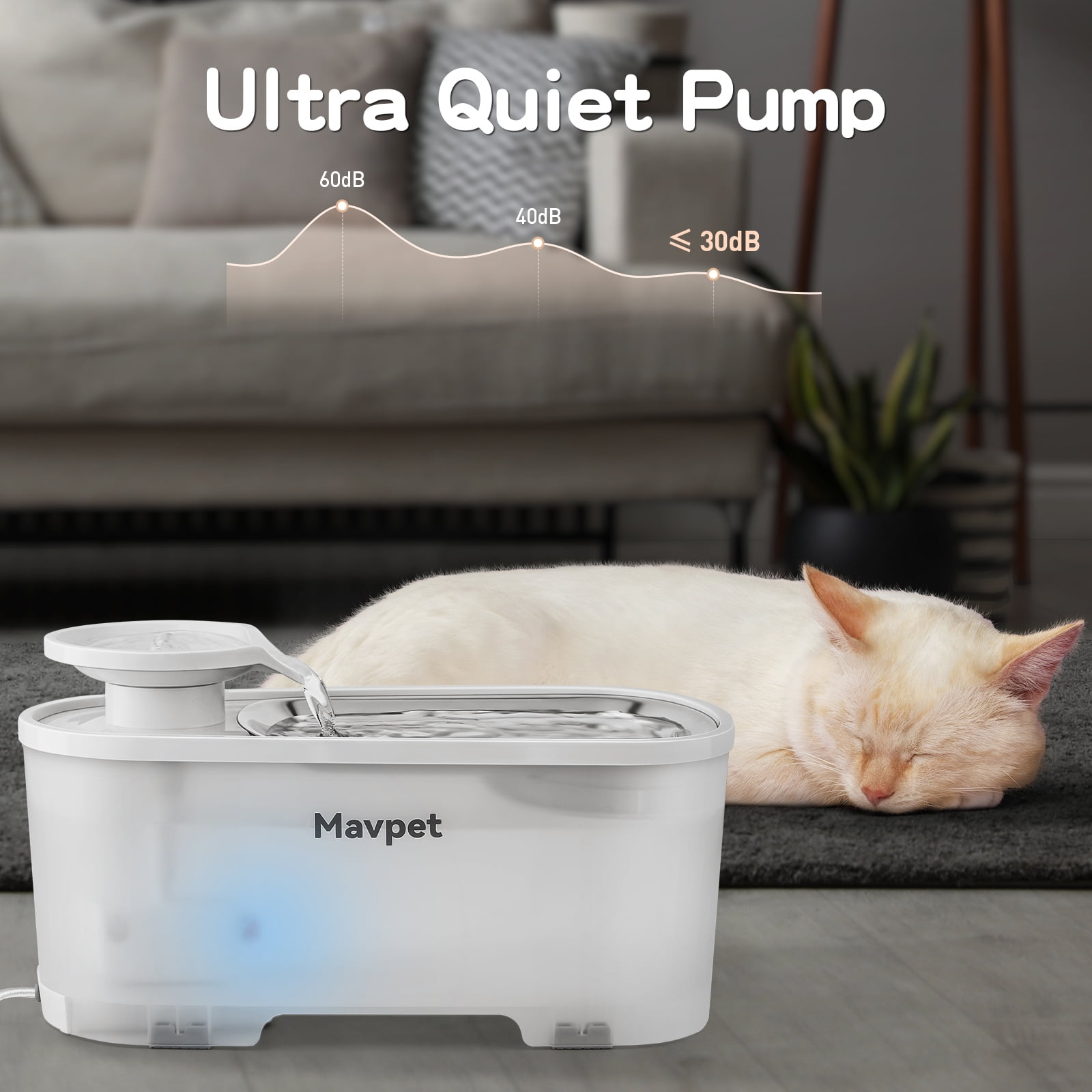 Mavpet 2.5L/84oz Automatic Cat Water Fountain with Wireless Pump, Visible Water Level with 2 Filters