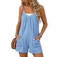 thumbnail image 2 of AHTJRT Short Jumpsuits for Women Baggy Loose Fit V Neck Wide Leg Boho Summer Rompers with Adjustable Spaghetti Straps and Pockets Light Blue S, 2 of 10