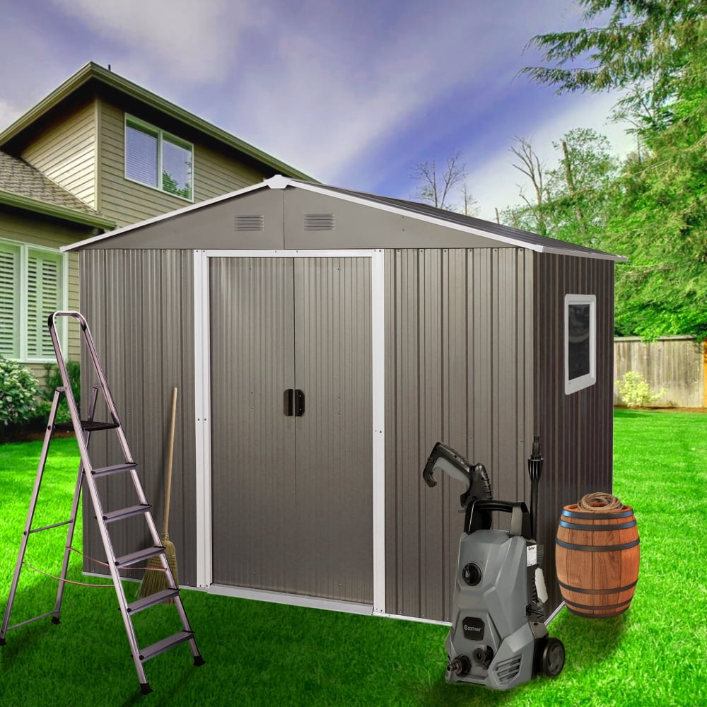 Ventilated 8x6 FT Outdoor Tool Shed - Features Window, Sliding Doors with Padlock & Galvanized Steel Construction