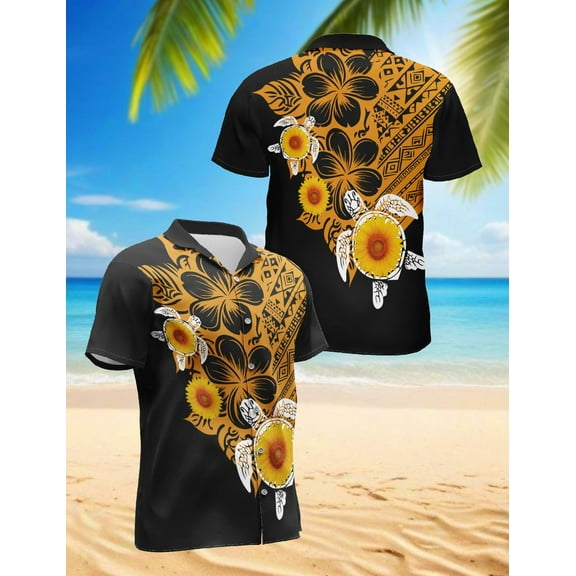 Turtle Hawaiian Shirt for Men, Button Down Summer Beach Short Sleeve, Tropical Style, Sizes S-5XL