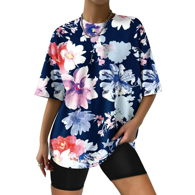 RQYYD Women Oversized Flower Graphic Tee Summer Casual Drop Shoulder  Longline Round Neck Short Sleeve Tshirt Tops(Blue,S) 