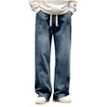 thumbnail image 3 of LIBRCLO Mens Jeans Elastic Waist Straight Leg Drawstring Jeans Fashion Casual Denim Pants with Pockets, 3 of 5
