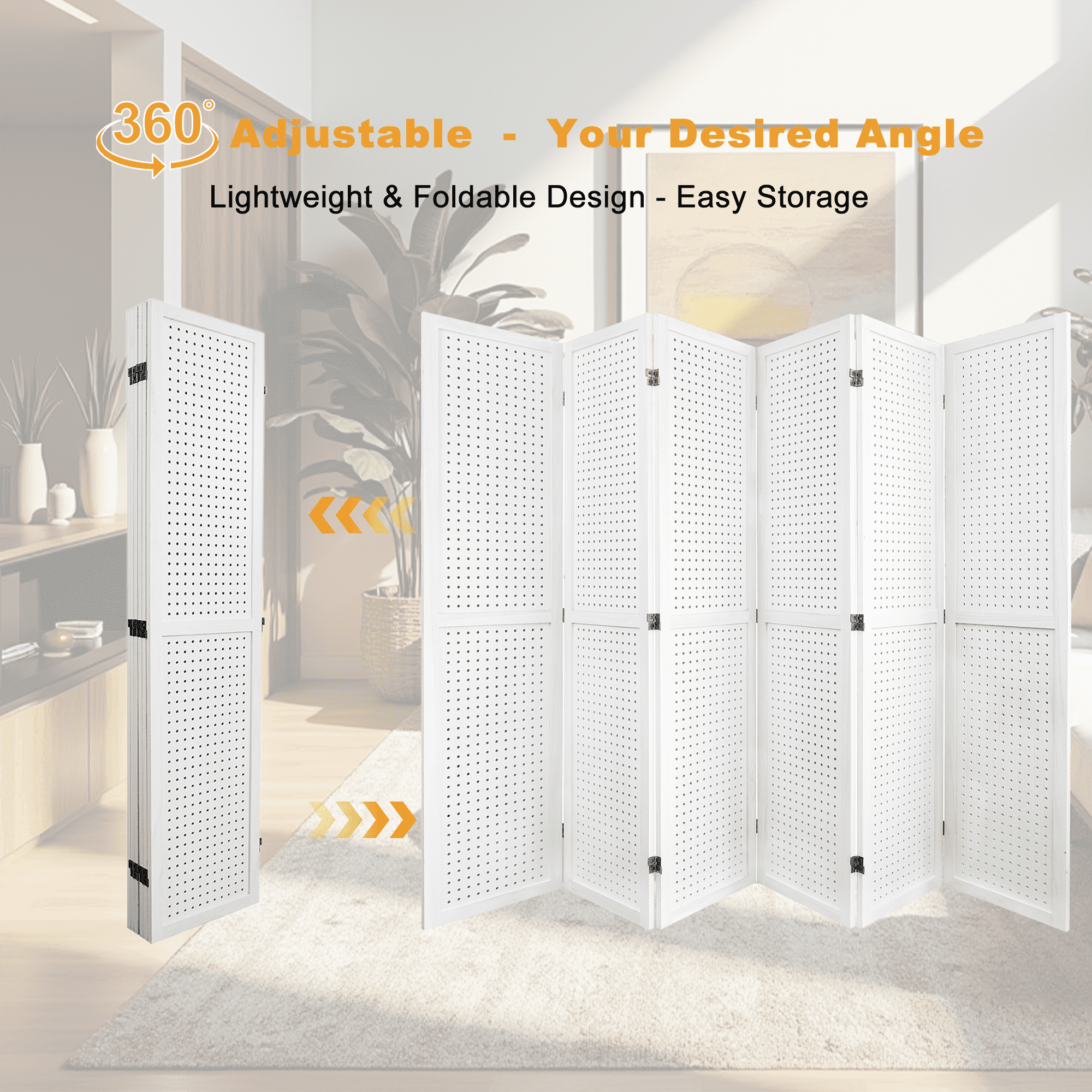 MAYEERTY 6 Panel Freestanding Room Divider, 5.6Ft Wooden Privacy Screen with Shelves, Elegant White