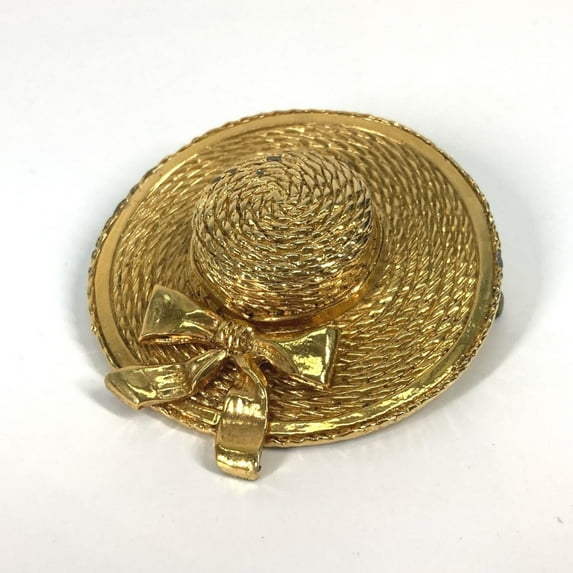 Pre-Owned CHANEL Vintage Straw Hat, Hat Accessory, Brooch, Metal, Women's, Gold (Fair)