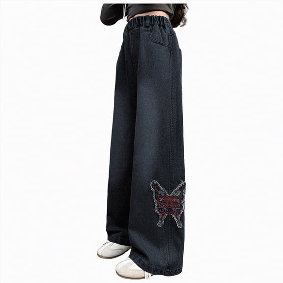 TOWED22 Girls Wide Leg Jeans Y2K Inspired Baggy Denim Pants with Pockets High Waisted Casual Black,5-6 Y