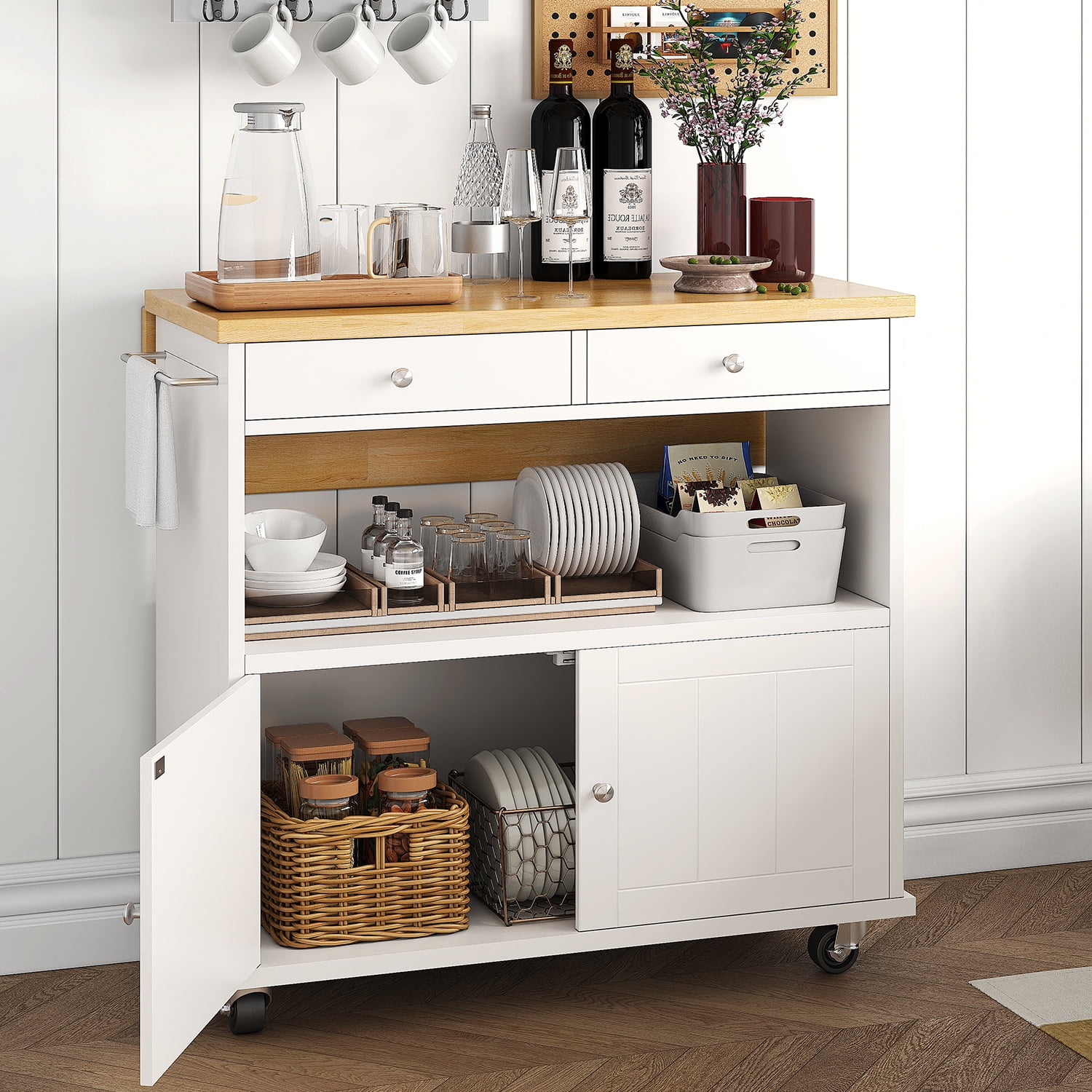 Rolling Kitchen Island with Folding Drop Leaf Top, Storage Cabinet & 2 Drawers, 35.4" W Kitchen Cart, Portable Mobile Kitchen Island with Lockable Wheels, Towel Rack and Adjustable Shelves, Blue