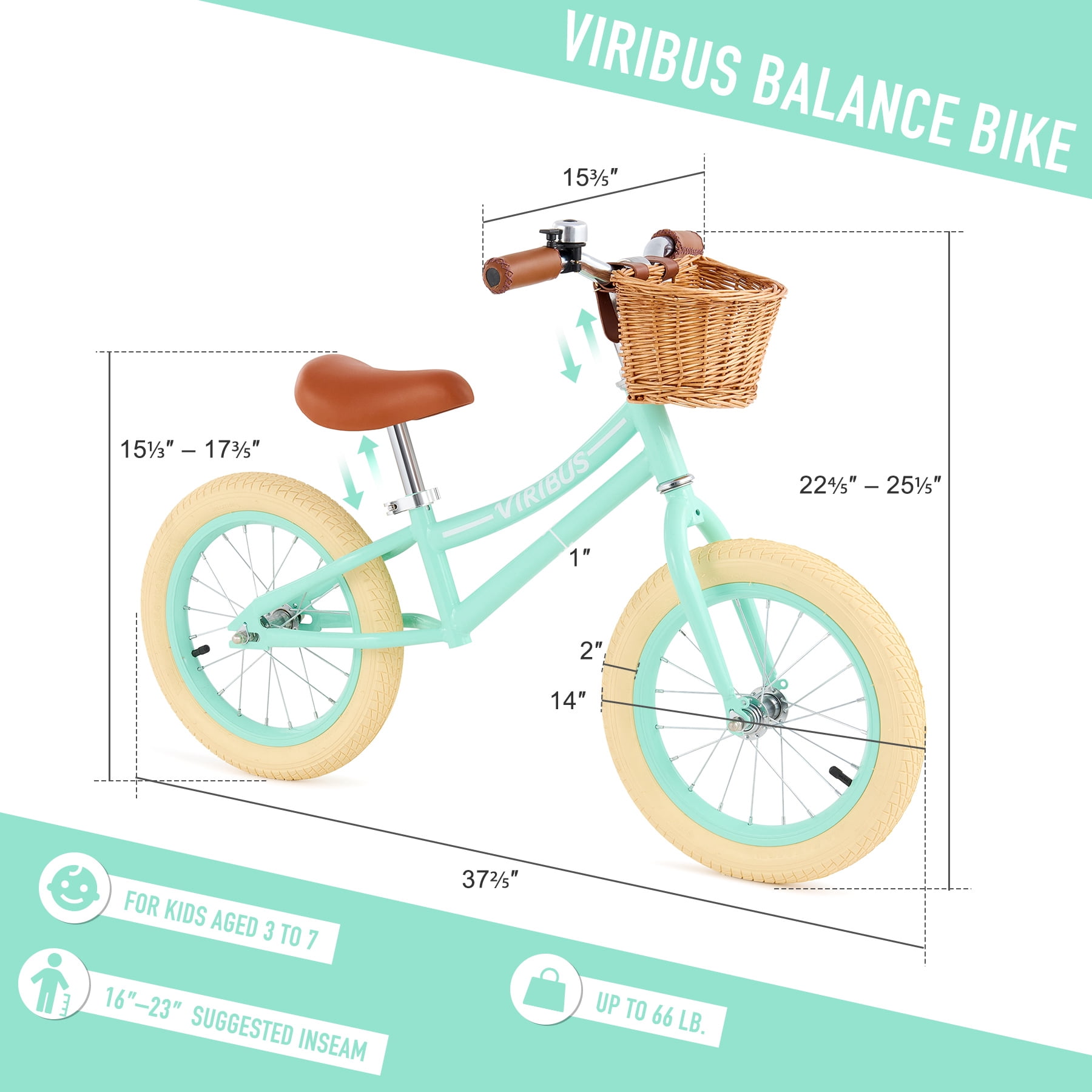 VIRIBUS 14 inch Balance Bike for Children, Adjustable Trainer Bike Outdoor Toy for Girls & Boys,Blue