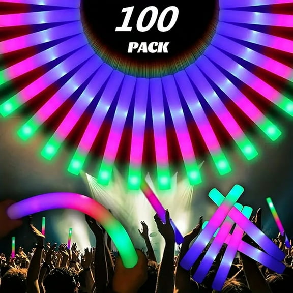 TOPCHANCES 100 Pcs Led Foam Sticks - Multicolor Flashing Glow Sticks Party Supplies Light Up Baton Wands for Raves, Birthday, Wedding, Christmas, Halloween, Children Toy