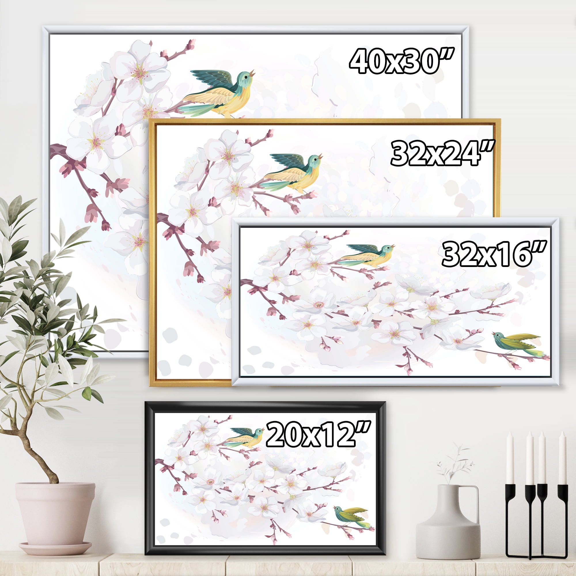 Designart 'Blossoming Cherry Tree and Birds' Traditional Framed Canvas Wall Art Print