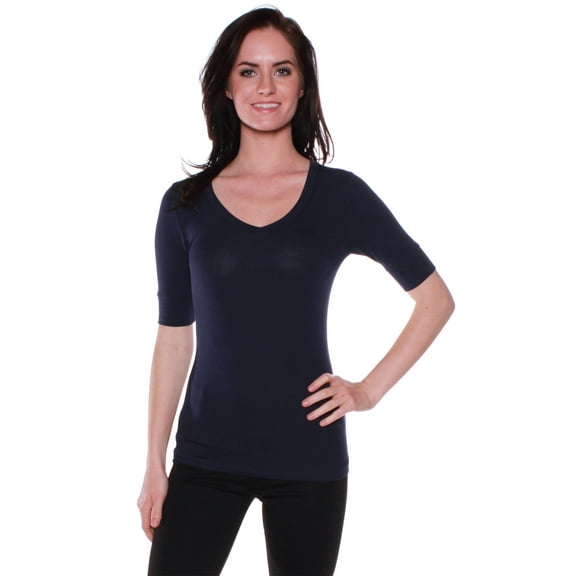 Emmalise Women's Slim Athletic Fit Vneck Tshirt Half Sleeves Top Jr Size (Navy, Medium)