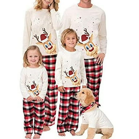 

FOCUSNORM Matching Family Christmas Pajamas Set Long Sleeve Cartoon Deer Printed Tops + Plaid Pants Set Loungewear