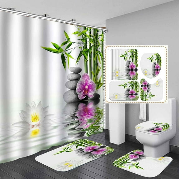 4PCS Zen Spa Shower Curtain Sets with Rugs, Waterproof Fabric Shower Curtain, Pink Orchid Floral Green Bamboo White Candle Herbal Oil Stones Garden Relaxing Spiritual Meditation Bathroom Decor