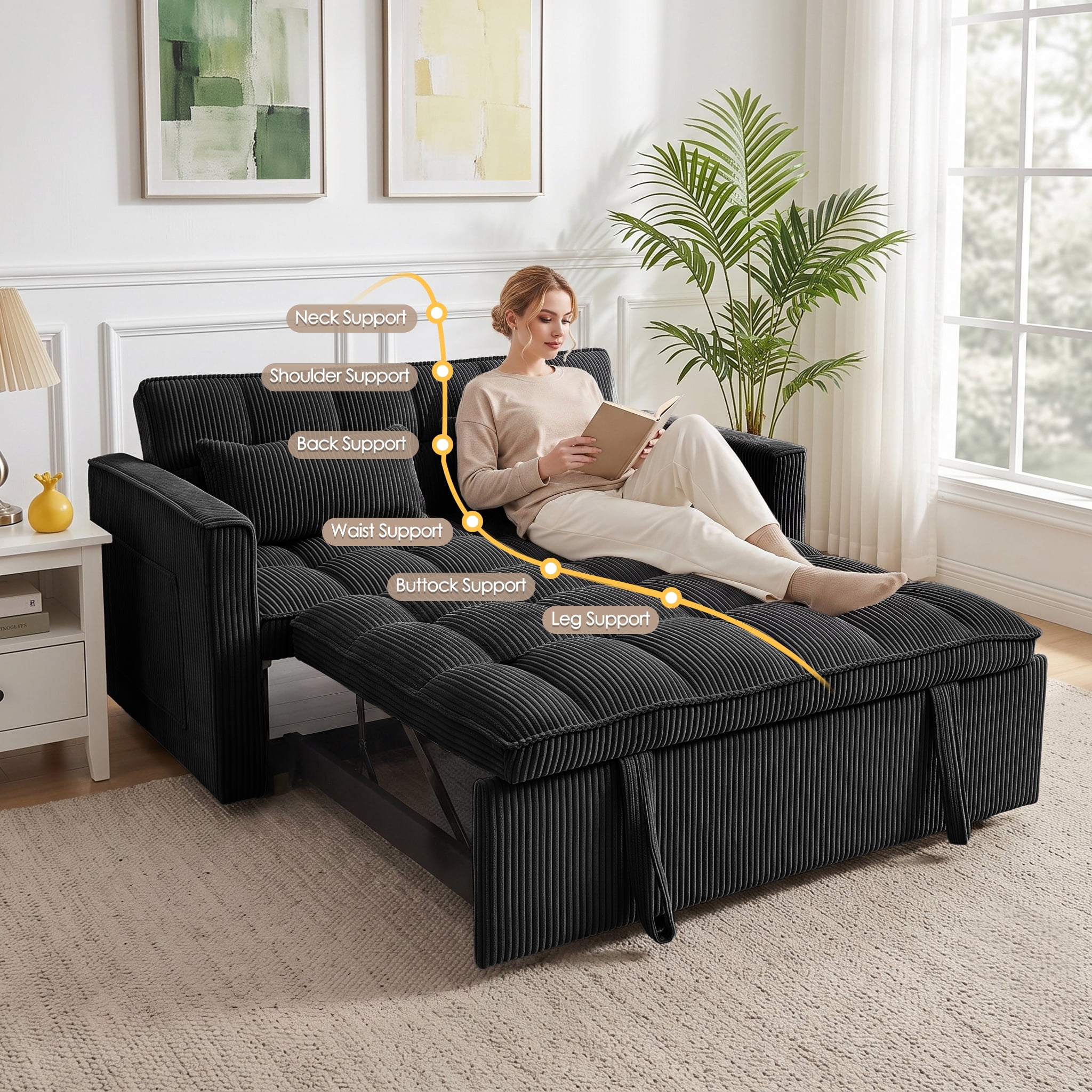 AISWORD Sleeper Sofa Bed, 3-in-1 Convertible Pull Out Couch with Adjustable Backrest for Living Room, Loveseat Sofa Bed with Side Pockets, Black