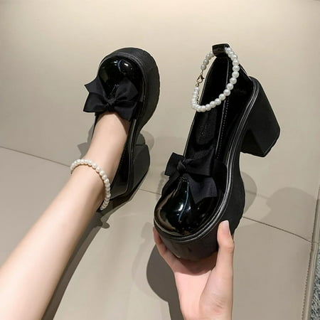 2024 Fashion Mary Jane Shoes Women s New Fashion Pearl Bow High Heels with Small Leather Shoes Women Single Shoes