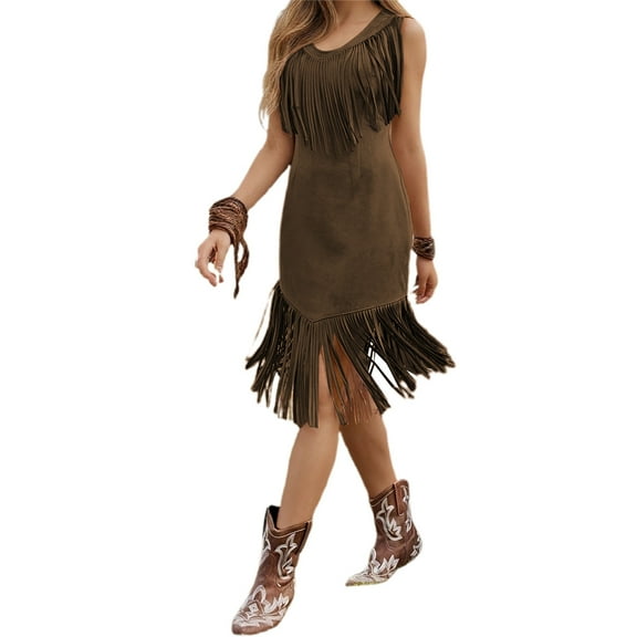 Women's Casual Dress Western Style Suede Hem Fringe Sleeveless Mini Dress For Spring Summer Fall Everyday Wear