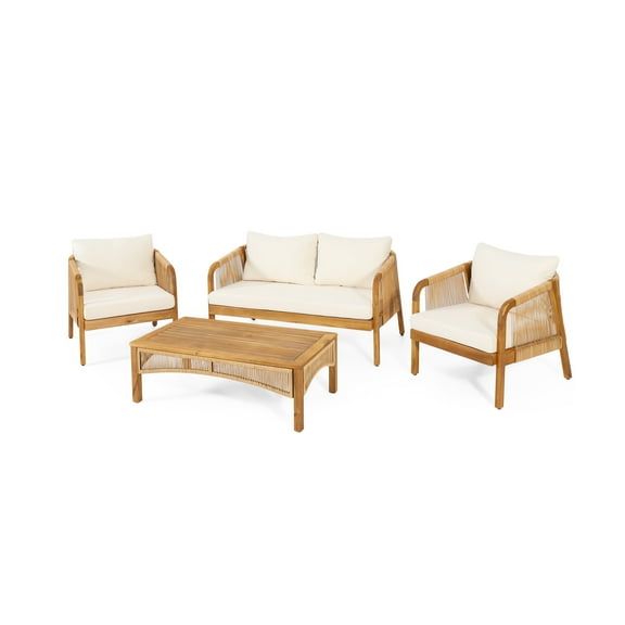 GDF Studio Allerton Outdoor Acacia Wood and Wicker 4 Seater Chat Set with Cushions, Teak, Light Brown, and Beige