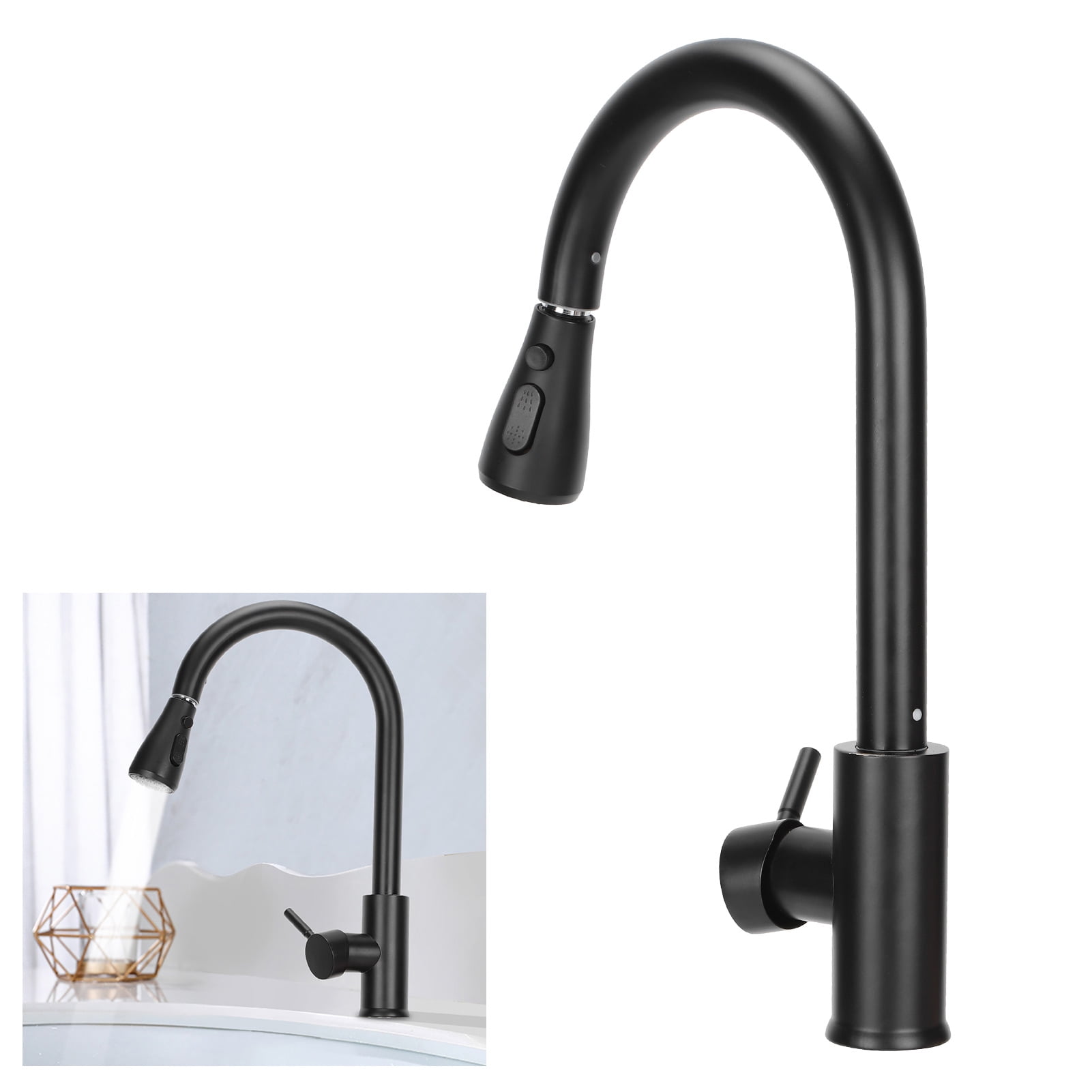 Riousery Pull-Out Kitchen Faucet Modern Stainless Steel Rotating Mixer Water Tap with 2 Gear Modes, Black, 15.7 inches / 40 cm Height, Hot and Cold Sink Faucet