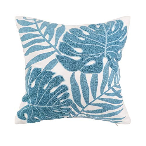 Hodeco Decorative Throw Pillow Covers Light Blue Leaves Embroidery Floor Pillows Cover For Couch 100 Cotton Cushion Case Teal Plant Monstera Leaf Loop Embroidered 18 X Inches 1 Piece Com Hodeco Decorative Throw Pillow Covers, Light Blue Accent Pillow Cover