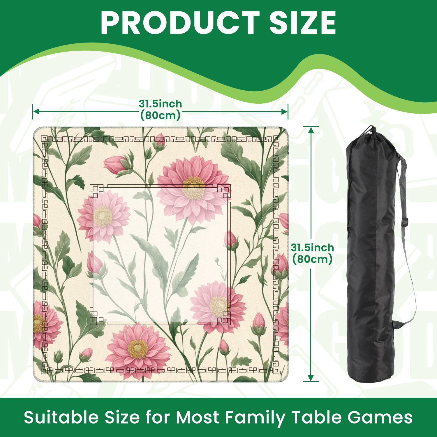 Mahjong Mat 31.5" x 31.5" Pink Chrysanthemum Floral Green Leaves Cream Non-Slip Noise Reduction American Mahjong Tiles Table Cover for Dominoes Poker Card Board Games Gift