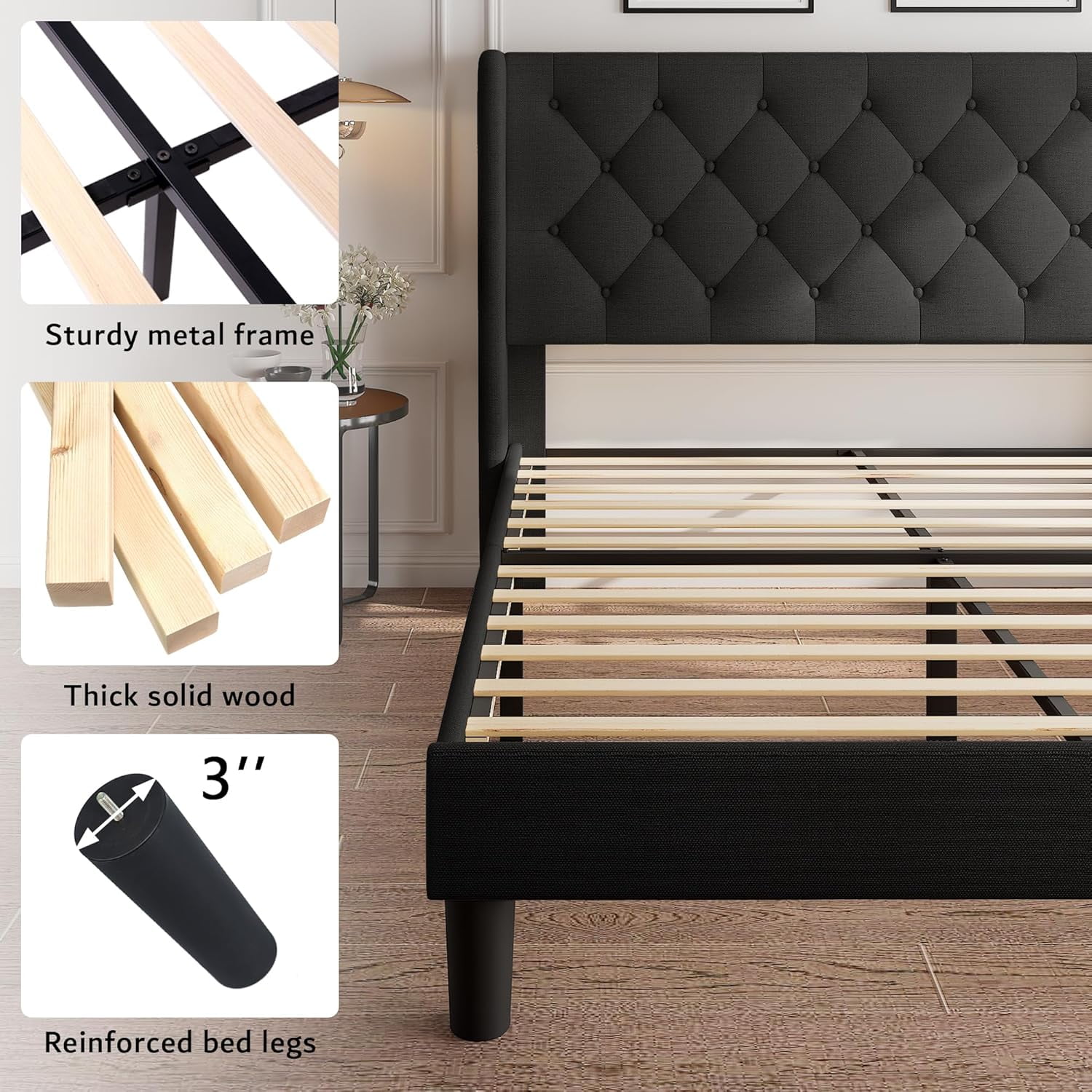 iPormis Queen Size Bed Frame with Diamond Button Tufted Wingback Headboard, Upholstered Platform Bed Frame with Strong Wood Slat Support, No Box Spring Needed,Black
