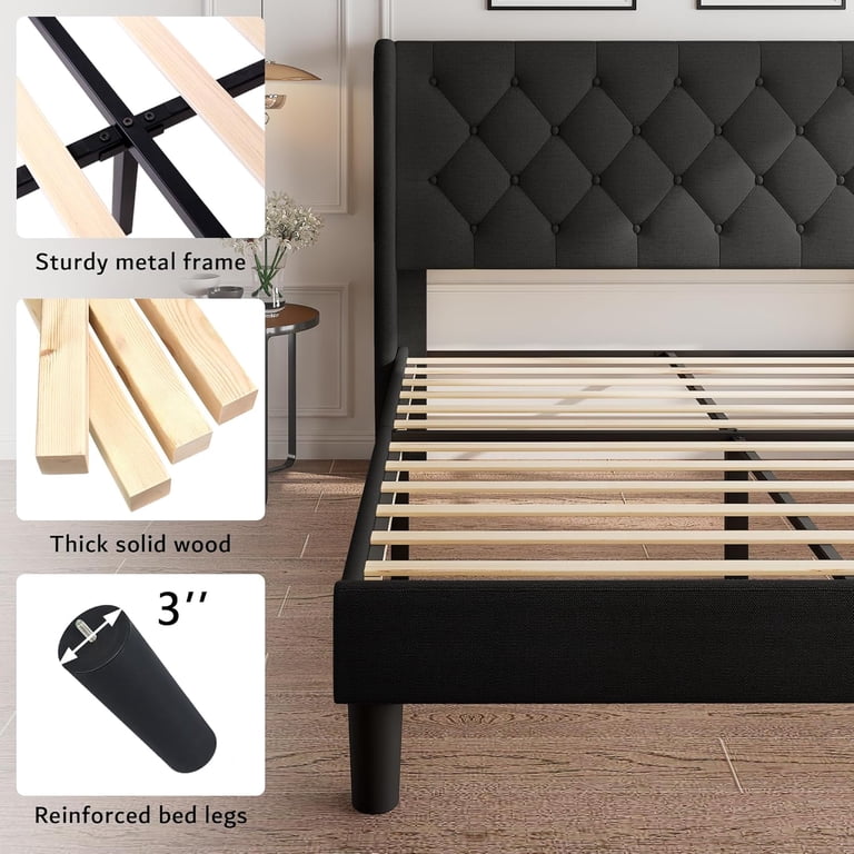 IPormis Upholstered Queen Size Bed Frame - Button Tufted Headboard, Linen Fabric, Noise-Free