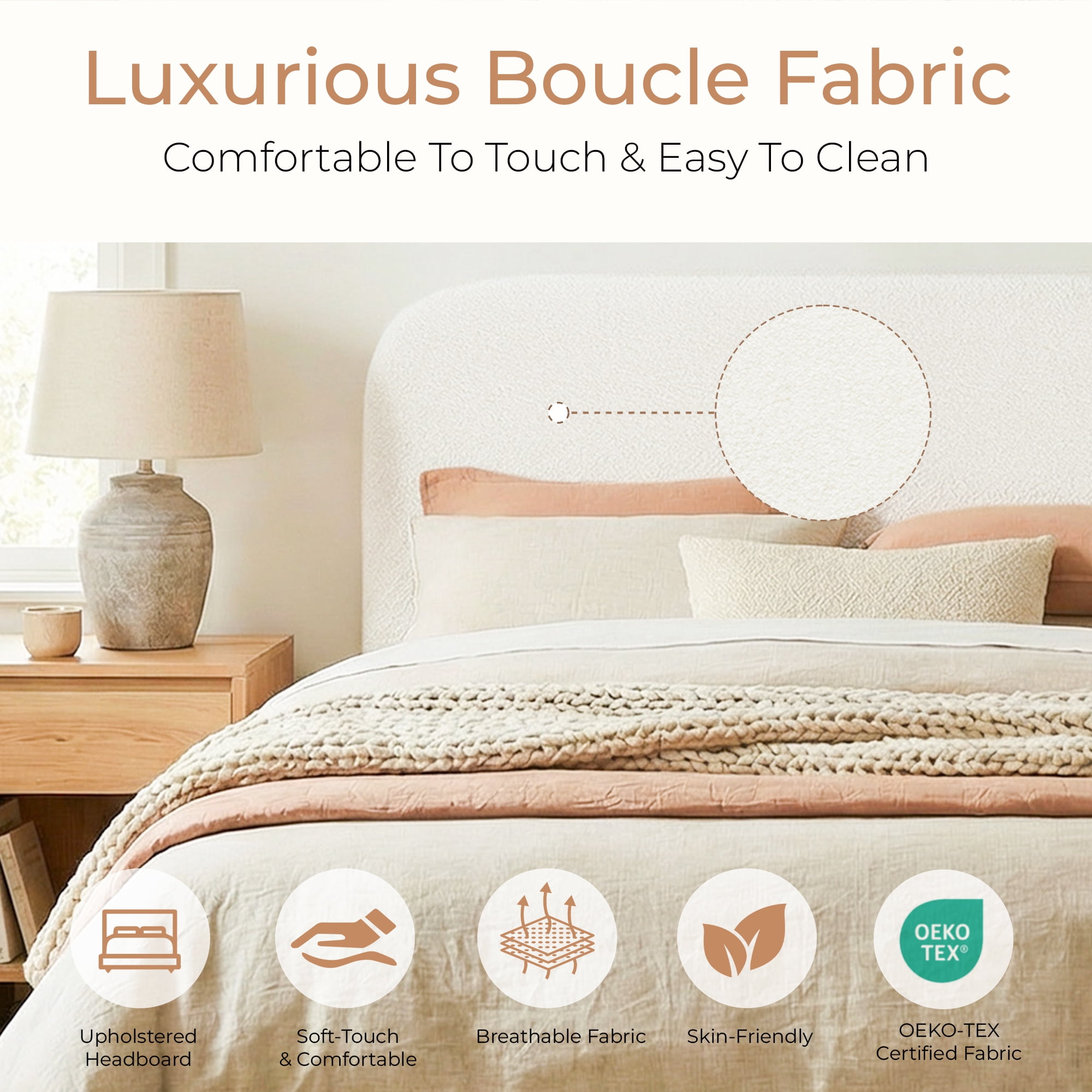 Spruce & Spring Mid-Century Modern Upholstered Platform Bed with USB Charging, Boucle Headboard, No Box Spring Needed, Full Size Bed Frame, Cream