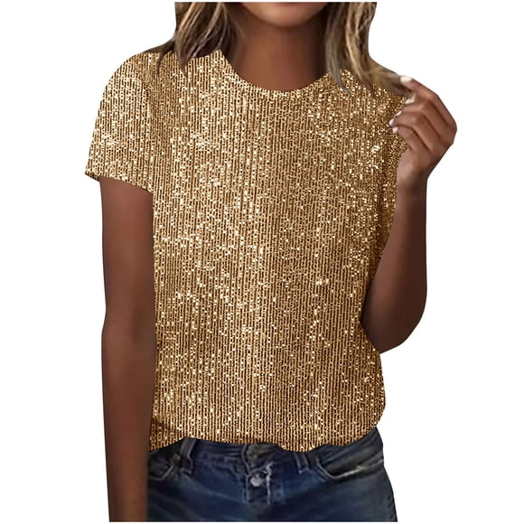 Gpaecead Women's Sequin Embellished Round Neck Top - Solid Color Casual Short Sleeve Shirt Gold