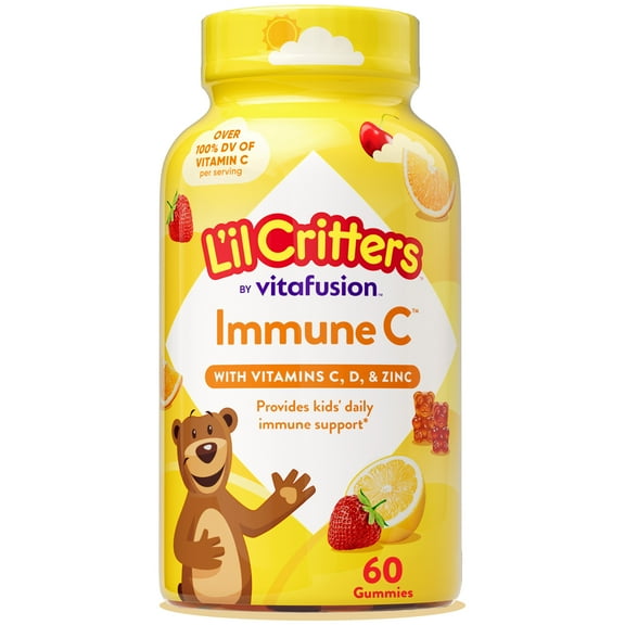 L’il Critters Immune C Daily Gummy Supplement Vitamin for Kids, for Vitamin C, D and Zinc for Immune Support, Orange, Lemon and Cherry Flavors, 60 Gummies