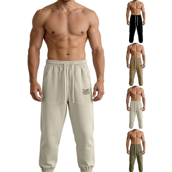 Fengqque Mens Athletic Pants Workout Gym Running Elastic Drawstring Plus Size Jogging Pants with Pockets Khaki XL(XL)