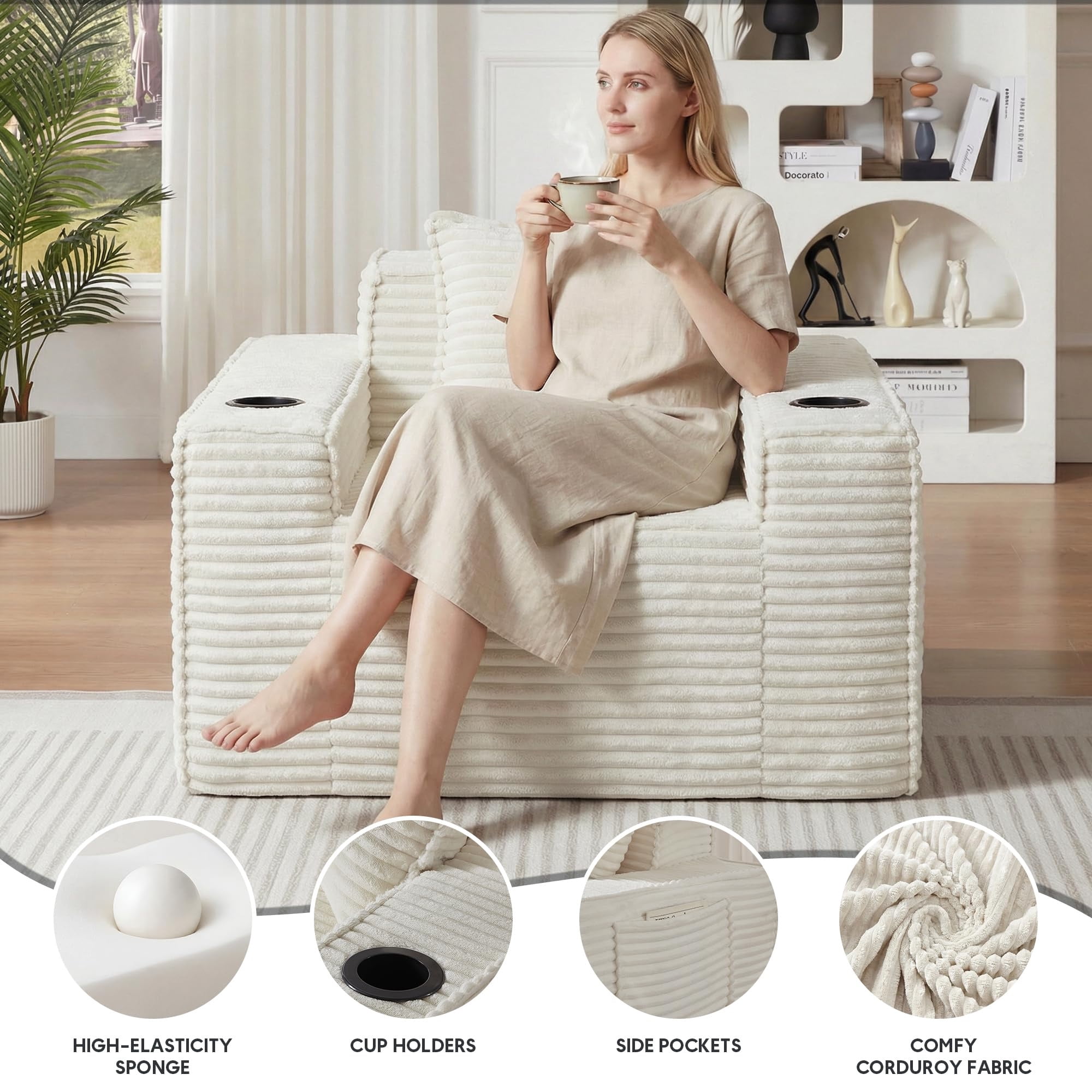 Aukfa 3 Piece Boneless Couch Set, Cloud Sofa Armchair w/ 2 Cup Holders&Storage Pockets for Living Room, Corduroy, White
