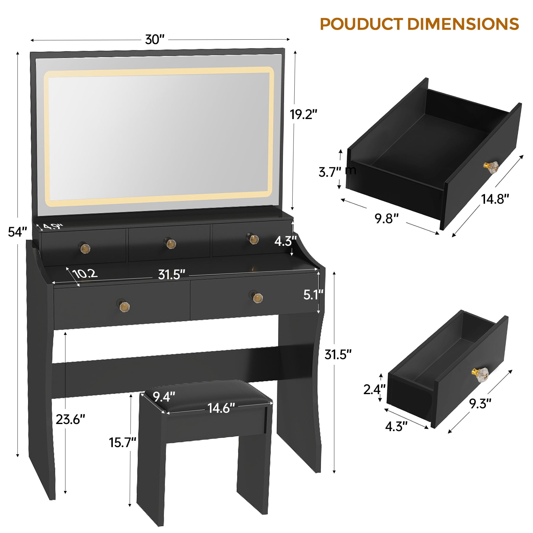COMHOMA Makeup Vanity Desk with Mirror and Lights, Vanity Table and Chair Set with 5 Drawers and Charging Station, Black
