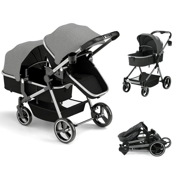 Double Stroller, Foldable Tandem for Infants & Toddlers, Reclining Seats, 5-Point Harness, Large Basket, Gray