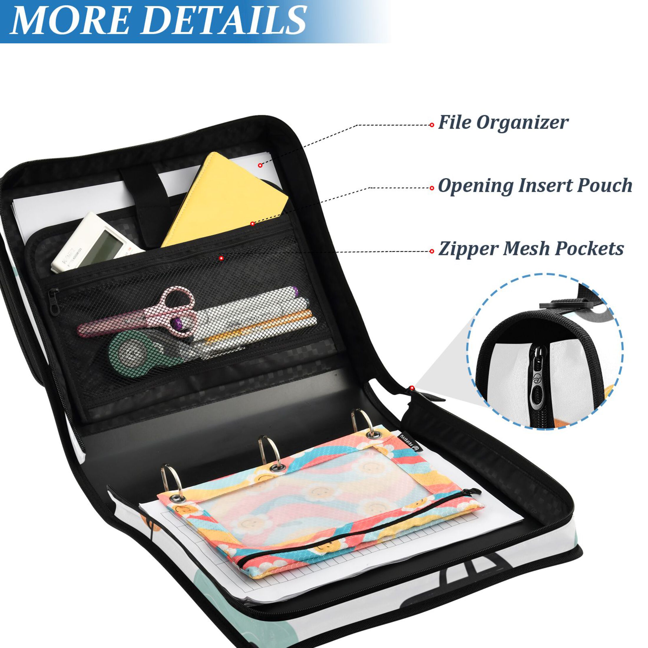 3 Ring Zipper Binder with Shoulder Strap Waterproof Trapper Keeper 2 Inch D-Ring 500 Sheets Capacity Cartoon Cars and Tree