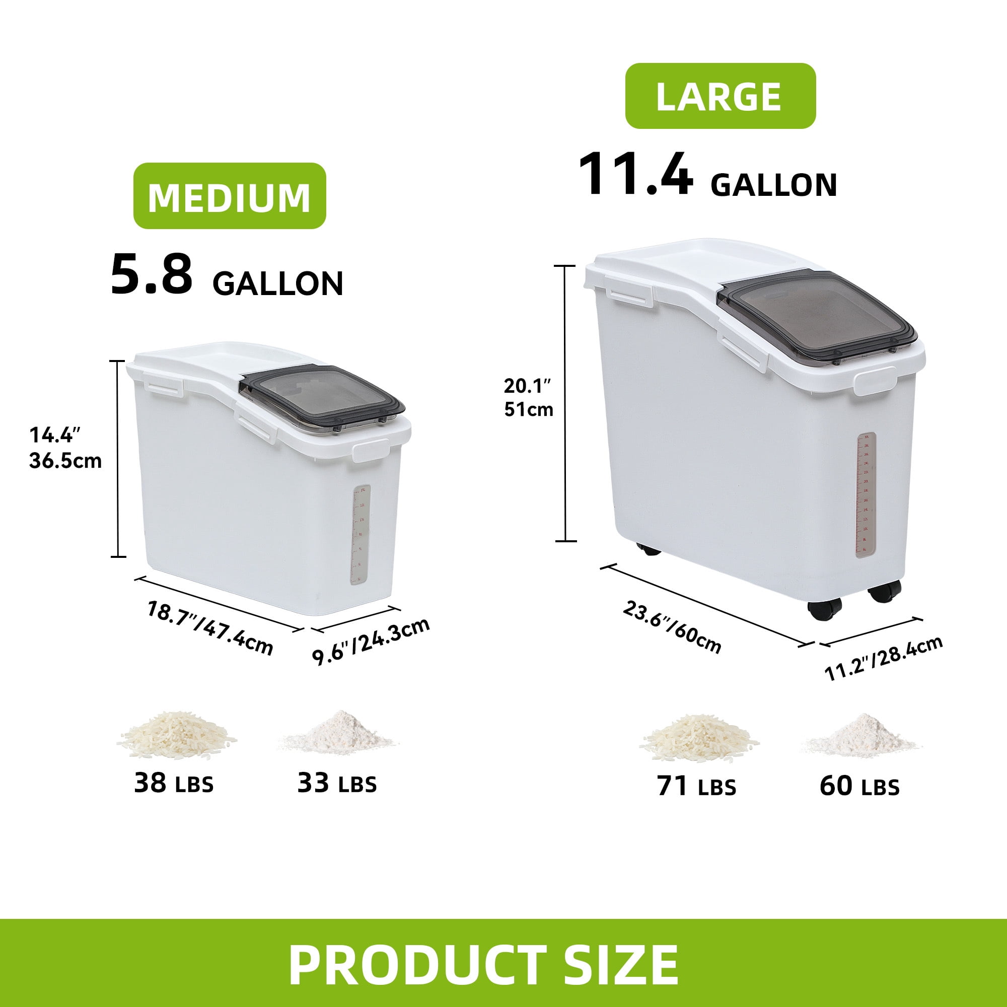 Uforic Ingredient Storage Bin with Measuring Cup & Scoop, Rice Storage Container Set of 2, 11.4 & 5.8 Gal Organizer Storage Bin, Large Flour Storage Container with Wheels, for Kitchen, White & Black