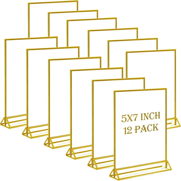 12Pcs Gold Acrylic Sign Holder,5x7 Clear Table Sign Holder with Vertical Stand,Gold Frame Plastic Display for Restaurant Office School Wedding and Store